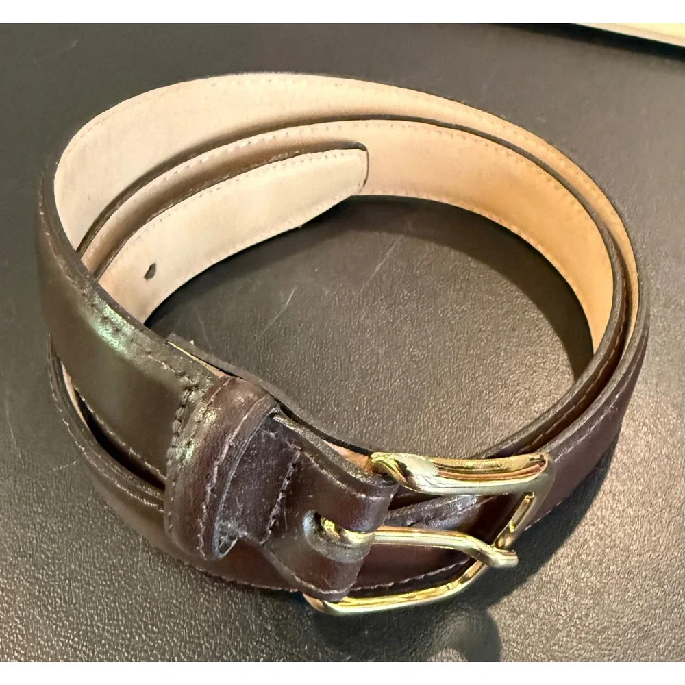 Mens Size 38 Leather Belt Brown‎ Gold Buckle Made in USA Career Preppy Western